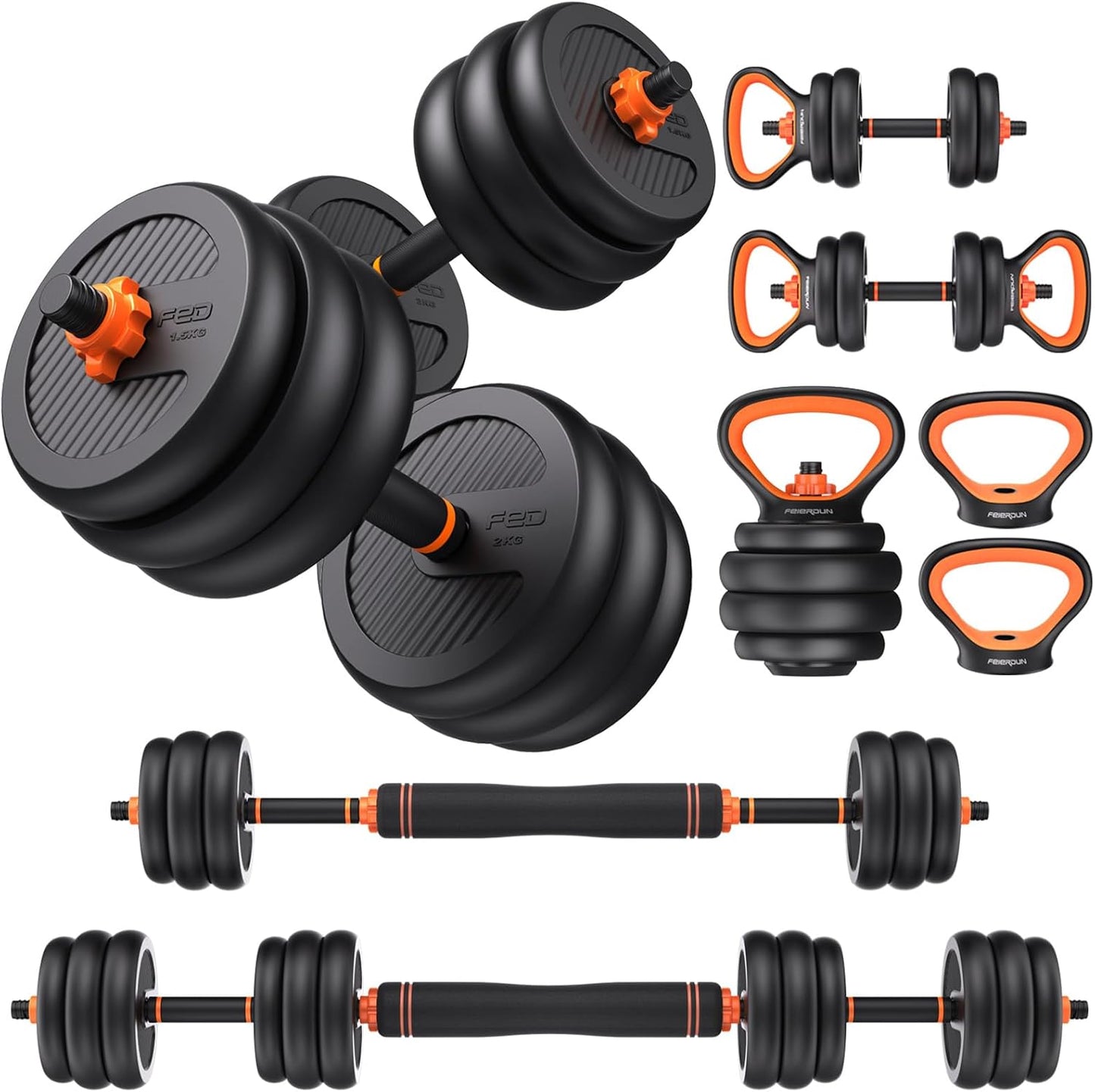 FEIERDUN Adjustable Dumbbells 90LB Set (45LB Pair) – Multifunctional 5-in-1 Home Gym Weights with Connector for Barbell, Kettlebell & Push-Up Stand