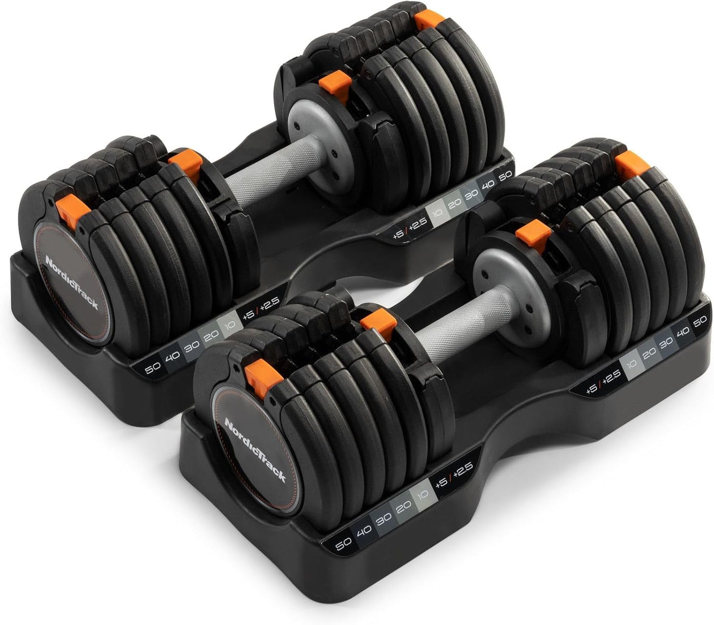 NordicTrack 55 lb Adjustable Dumbbell Set – Select-a-Weight Pair with 30-in-1 Weight Options & Storage Trays