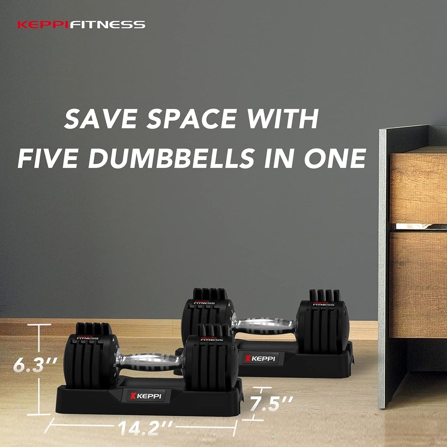 Keppi 25LB Adjustable Dumbbell Set – 5-in-1 Compact Free Weights with Fast One-Hand Weight Dial & Anti-Slip Metal Handle
