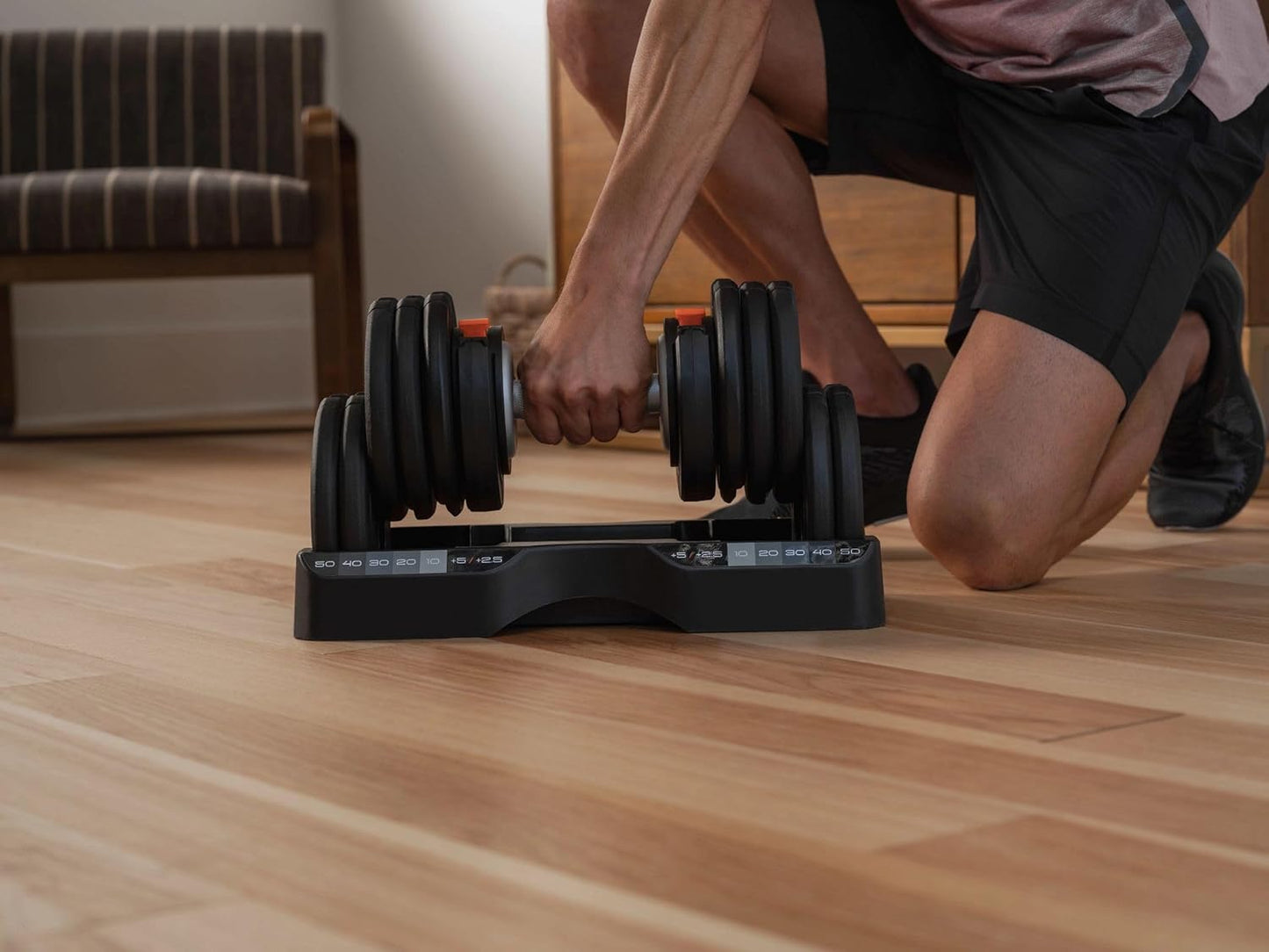 NordicTrack 55 lb Adjustable Dumbbell Set – Select-a-Weight Pair with 30-in-1 Weight Options & Storage Trays