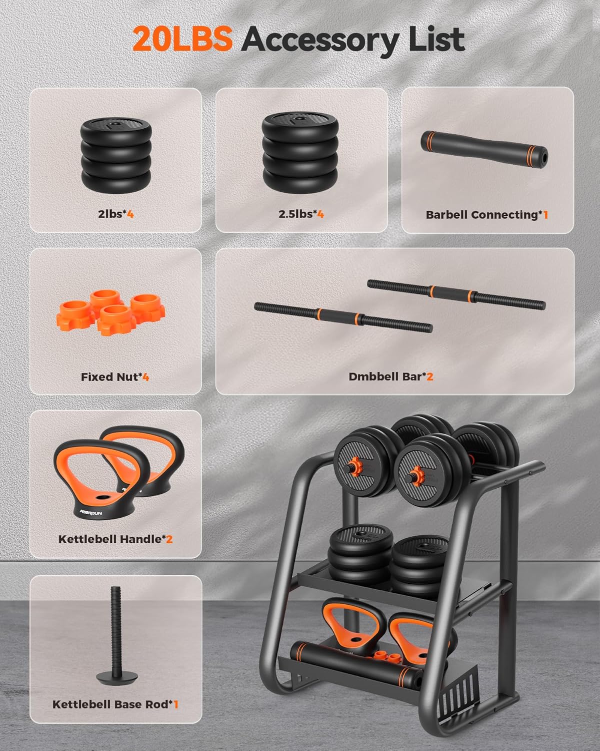 Adjustable Dumbbells 20LB (10LB Pair) – 5-in-1 Home Gym Weight Set with Connector, Barbell, Kettlebells & Push-Up Stand – Compact Fitness Equipment for Men & Women