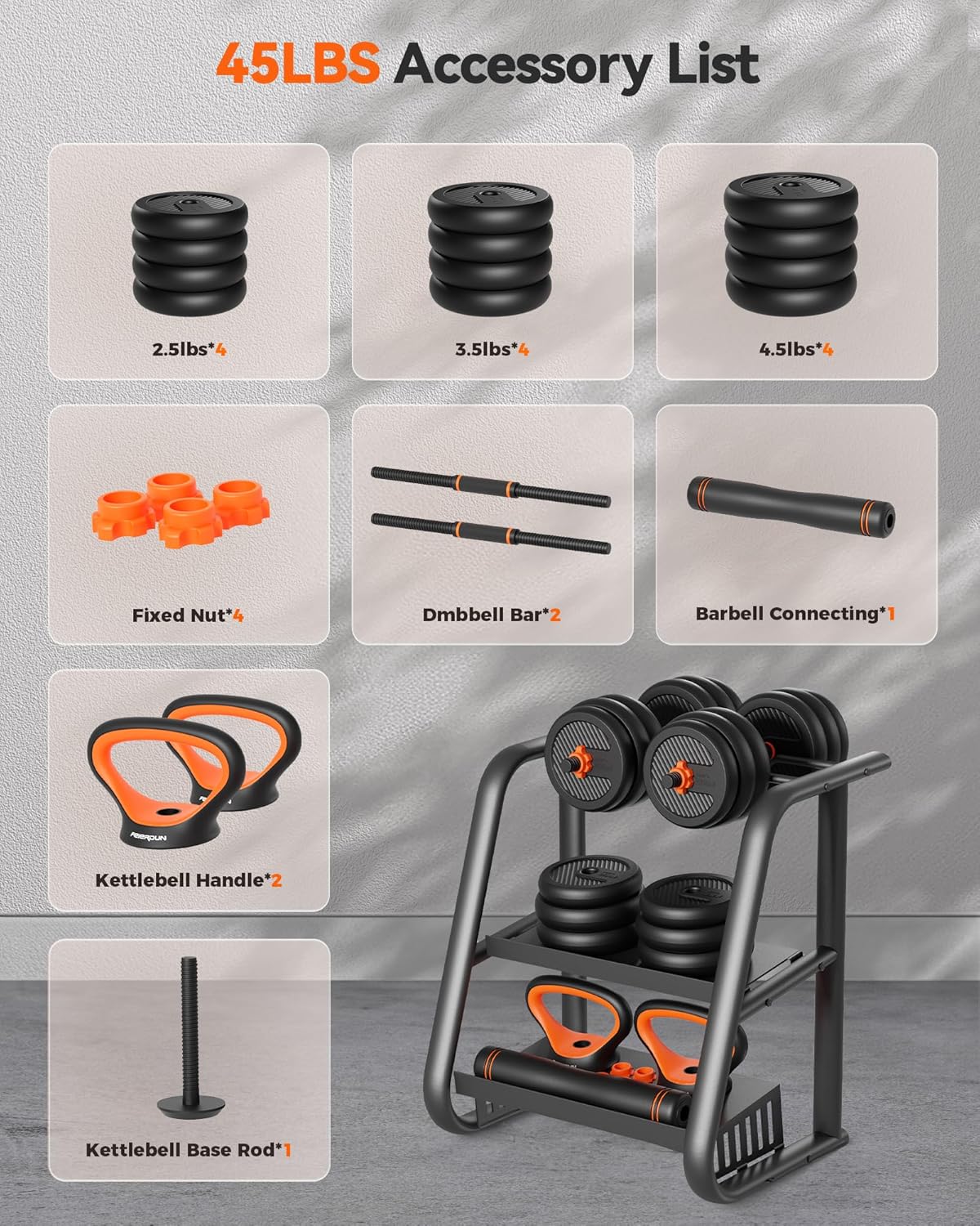 FEIERDUN Adjustable Dumbbell Set – 45LB (22.5LB Pair) | 5-in-1 Free Weights System with Barbell, Kettlebell & Push-Up Stand | Adjustable Strength Training Equipment for Home Gym Workouts