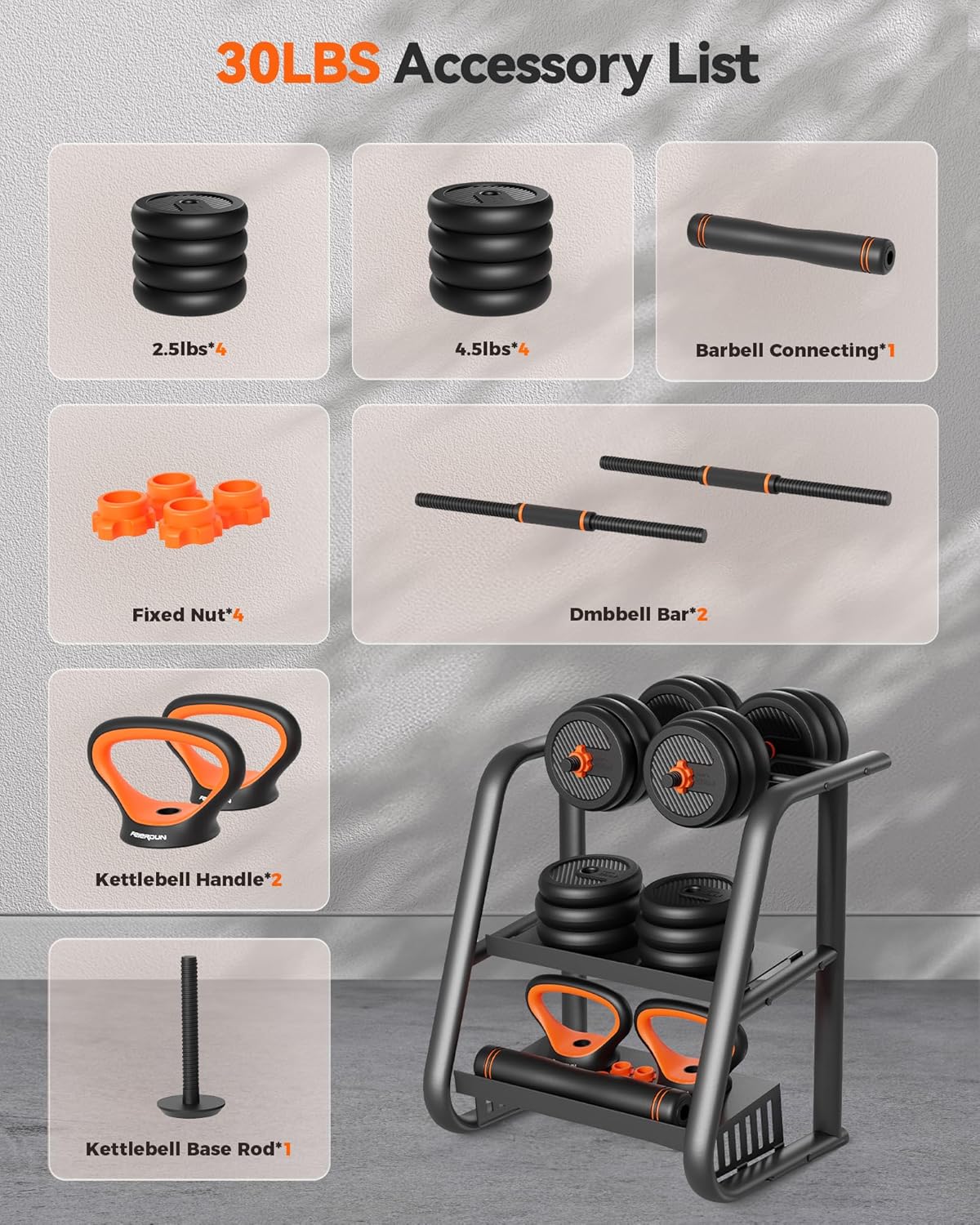 FEIERDUN Adjustable Dumbbells 30LB (15LB Pair) – 5-in-1 Multifunctional Home Gym Set with Dumbbells, Barbell, Kettlebells & Push-Up Stand – Durable, Space-Saving Fitness Equipment