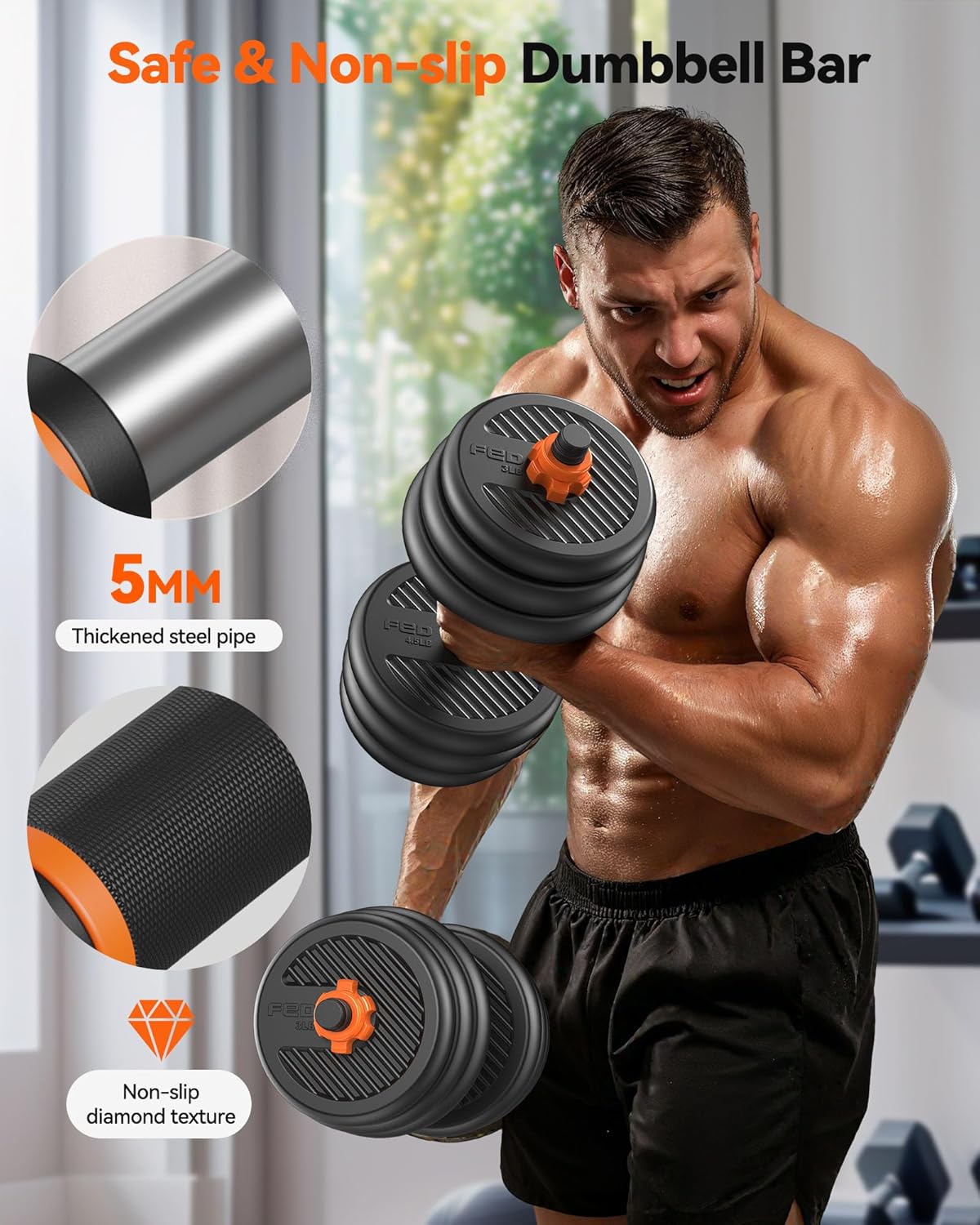 FEIERDUN Adjustable Dumbbells 90LB Set (45LB Pair) – Multifunctional 5-in-1 Home Gym Weights with Connector for Barbell, Kettlebell & Push-Up Stand