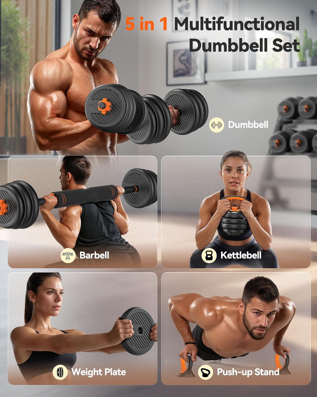 FEIERDUN Adjustable Dumbbells 90LB Set (45LB Pair) – Multifunctional 5-in-1 Home Gym Weights with Connector for Barbell, Kettlebell & Push-Up Stand