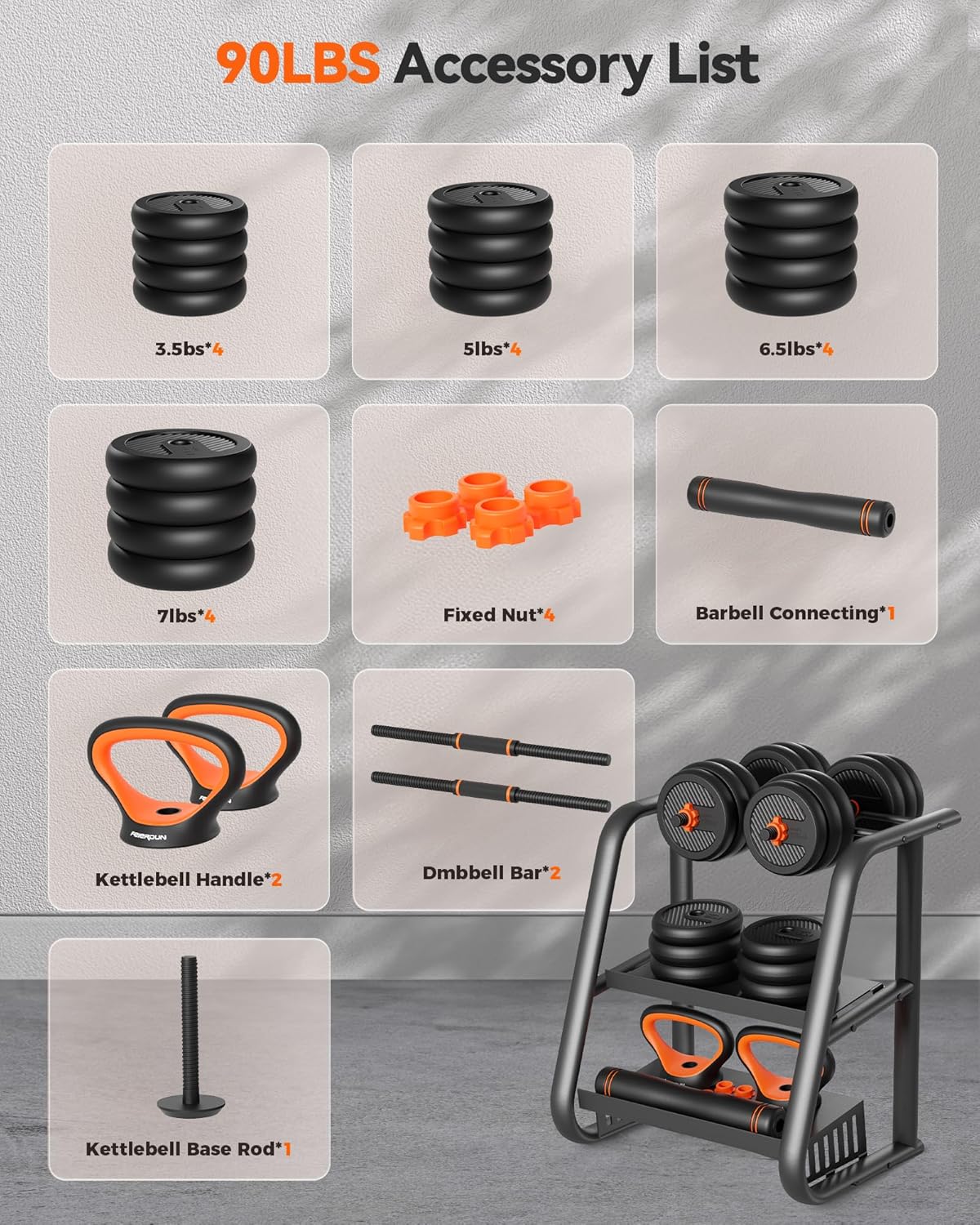FEIERDUN Adjustable Dumbbells 90LB Set (45LB Pair) – Multifunctional 5-in-1 Home Gym Weights with Connector for Barbell, Kettlebell & Push-Up Stand
