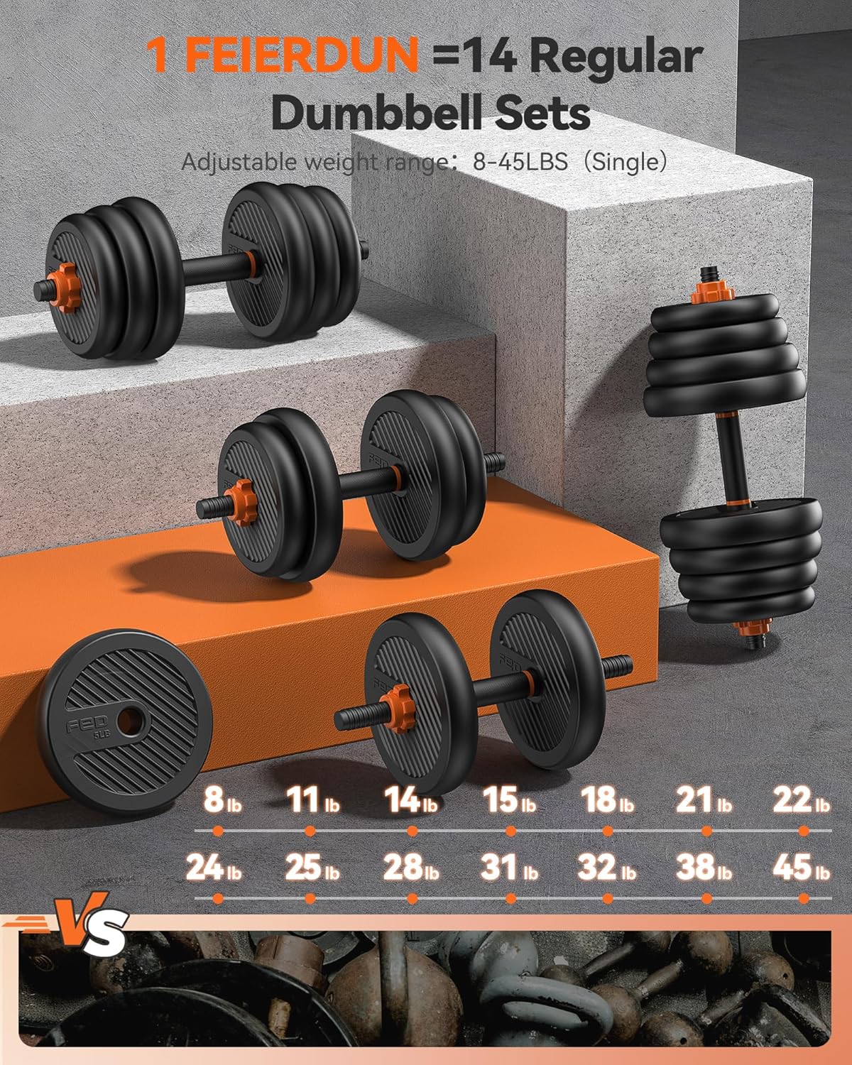 FEIERDUN Adjustable Dumbbells 90LB Set (45LB Pair) – Multifunctional 5-in-1 Home Gym Weights with Connector for Barbell, Kettlebell & Push-Up Stand