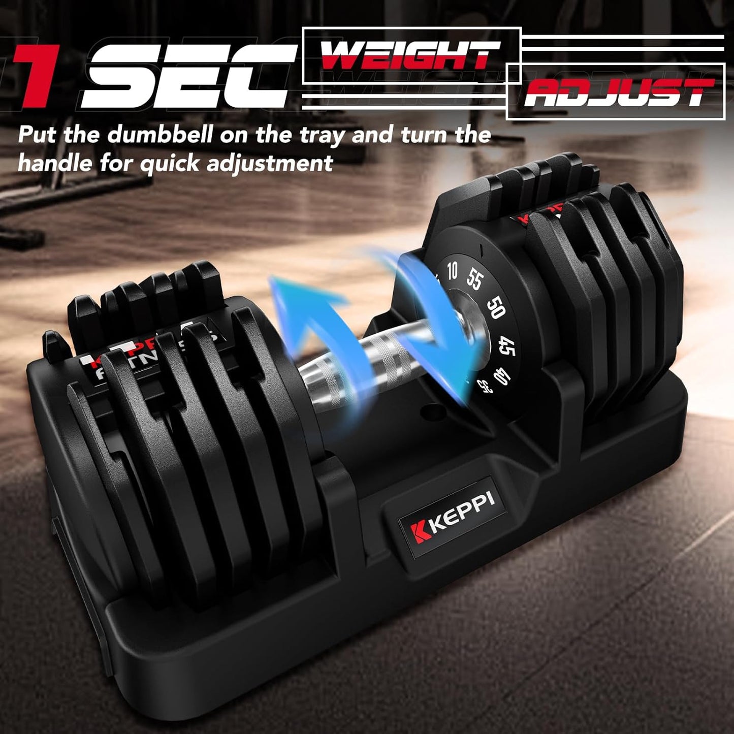 Keppi 55LB Adjustable Dumbbell Set – 10-in-1 Free Weights Pair with Fast 1-Second Dial, Anti-Slip Handle & Storage Tray