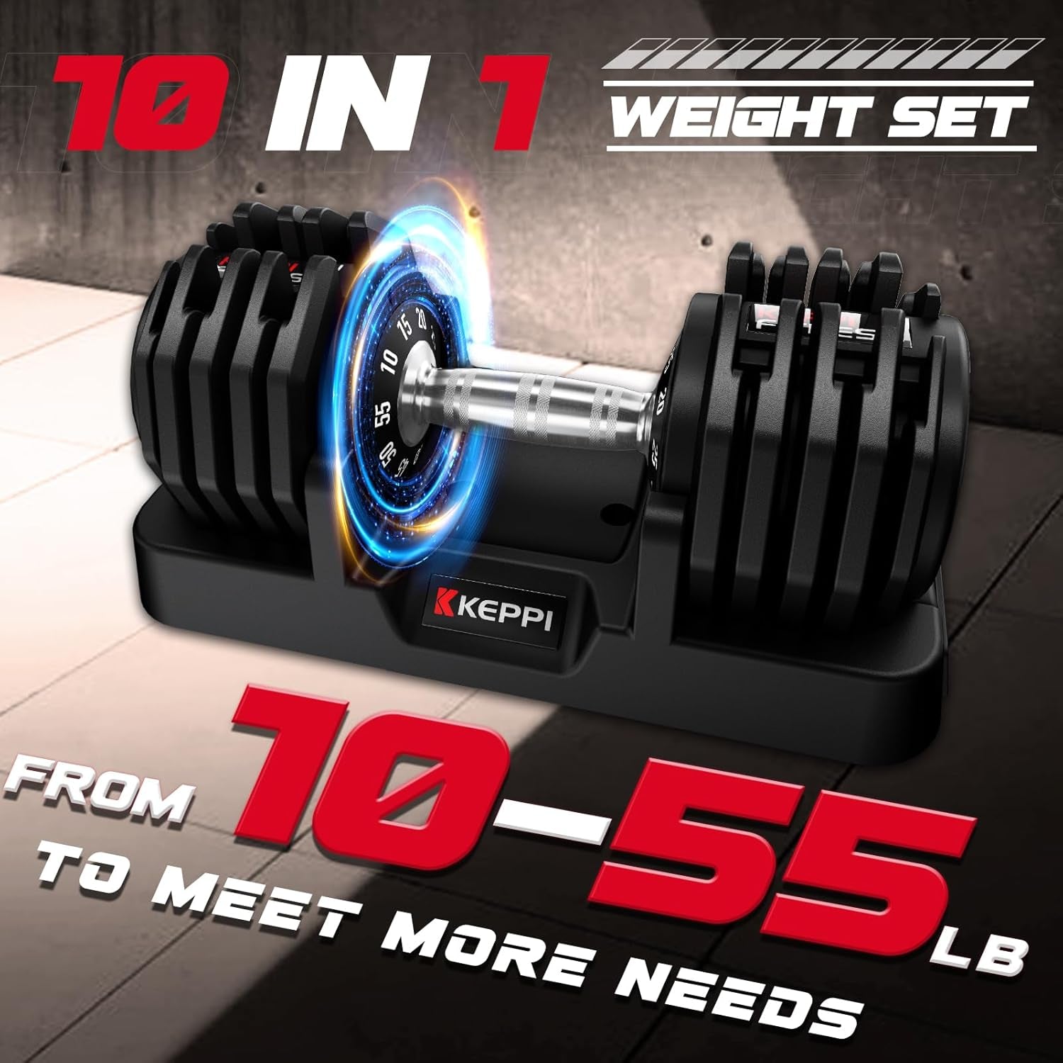 Keppi 55LB Adjustable Dumbbell Set – 10-in-1 Free Weights Pair with Fast 1-Second Dial, Anti-Slip Handle & Storage Tray