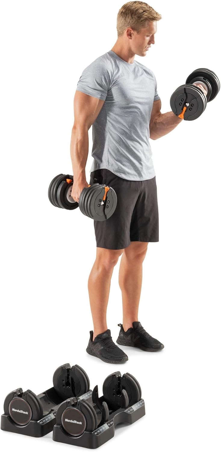 NordicTrack 55 lb Adjustable Dumbbell Set – Select-a-Weight Pair with 30-in-1 Weight Options & Storage Trays
