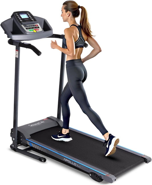 SereneLife SLFTRD20 Folding Treadmill – Compact Electric Fitness Machine with Manual Incline, Bluetooth App Sync, LCD Display & Heart Rate Monitor for Home Walking or Jogging