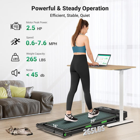 THERUN 2-in-1 Folding Treadmill – 2.5HP Walking Pad for Home & Office, Up to 7.6 MPH, Wide Belt, No Assembly, New Green Black
