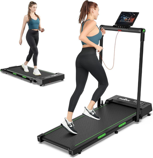 THERUN 2-in-1 Folding Treadmill – 2.5HP Walking Pad for Home & Office, Up to 7.6 MPH, Wide Belt, No Assembly, New Green Black