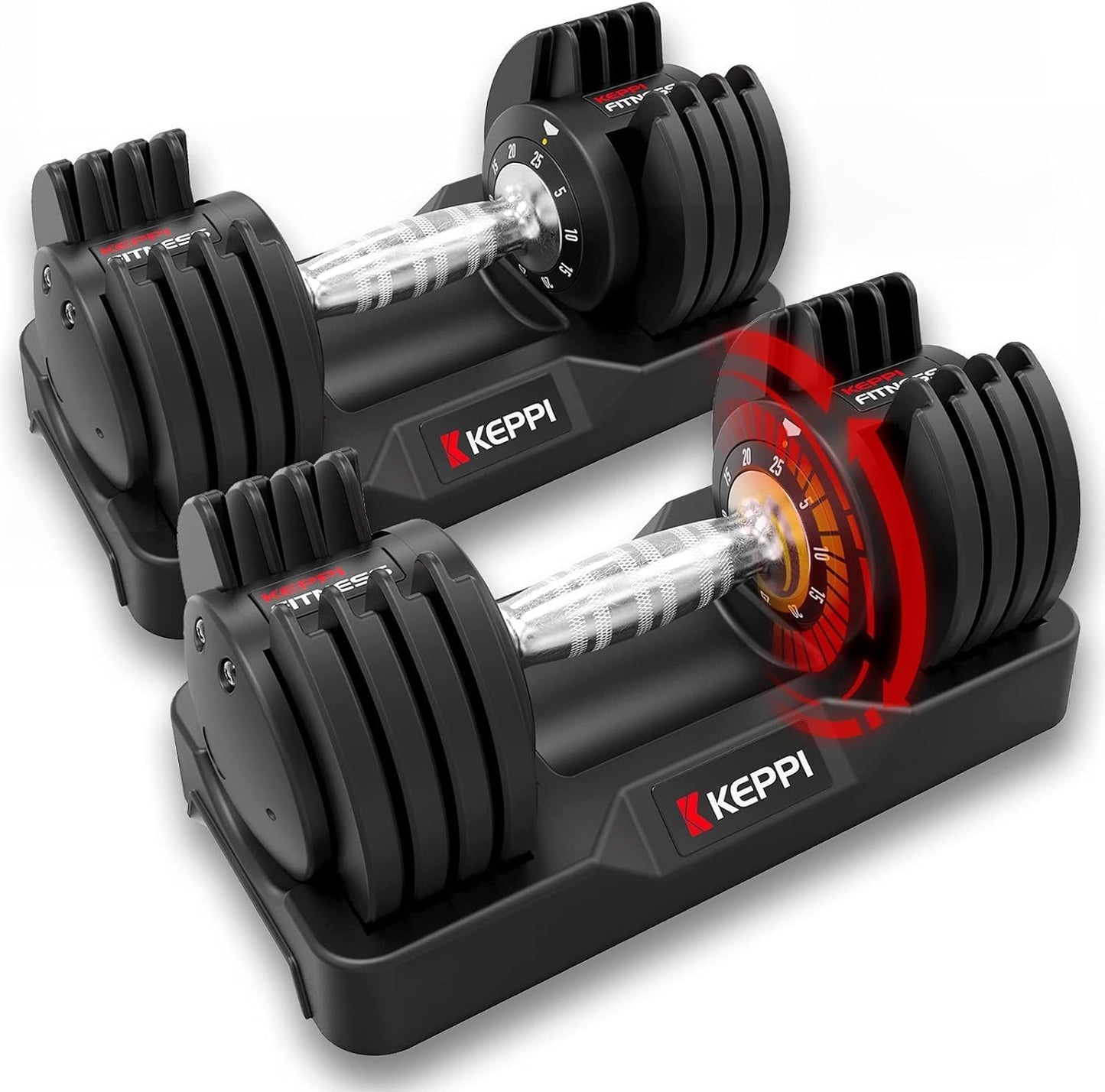 Keppi 25LB Adjustable Dumbbell Set – 5-in-1 Compact Free Weights with Fast One-Hand Weight Dial & Anti-Slip Metal Handle