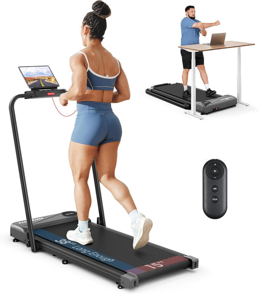 THERUN 2-in-1 Under Desk Walking Pad Treadmill – 2.5HP Foldable Treadmill with Handlebar, 6.2 MPH Max Speed, Remote Control, LED Touchscreen – Silver