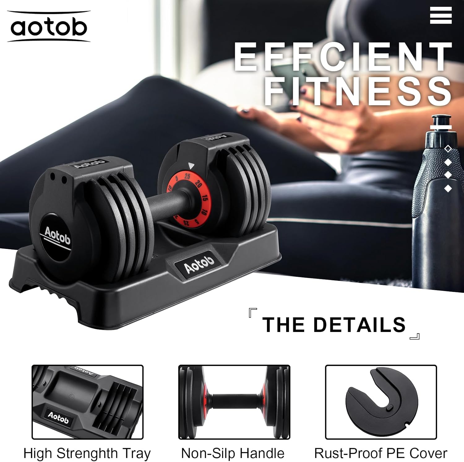 AOTOB 25LB Adjustable Dumbbell Set – Fast 3-Second Weight Dial with Anti-Slip Handle & Compact Storage for Home Gym (Black Pair)