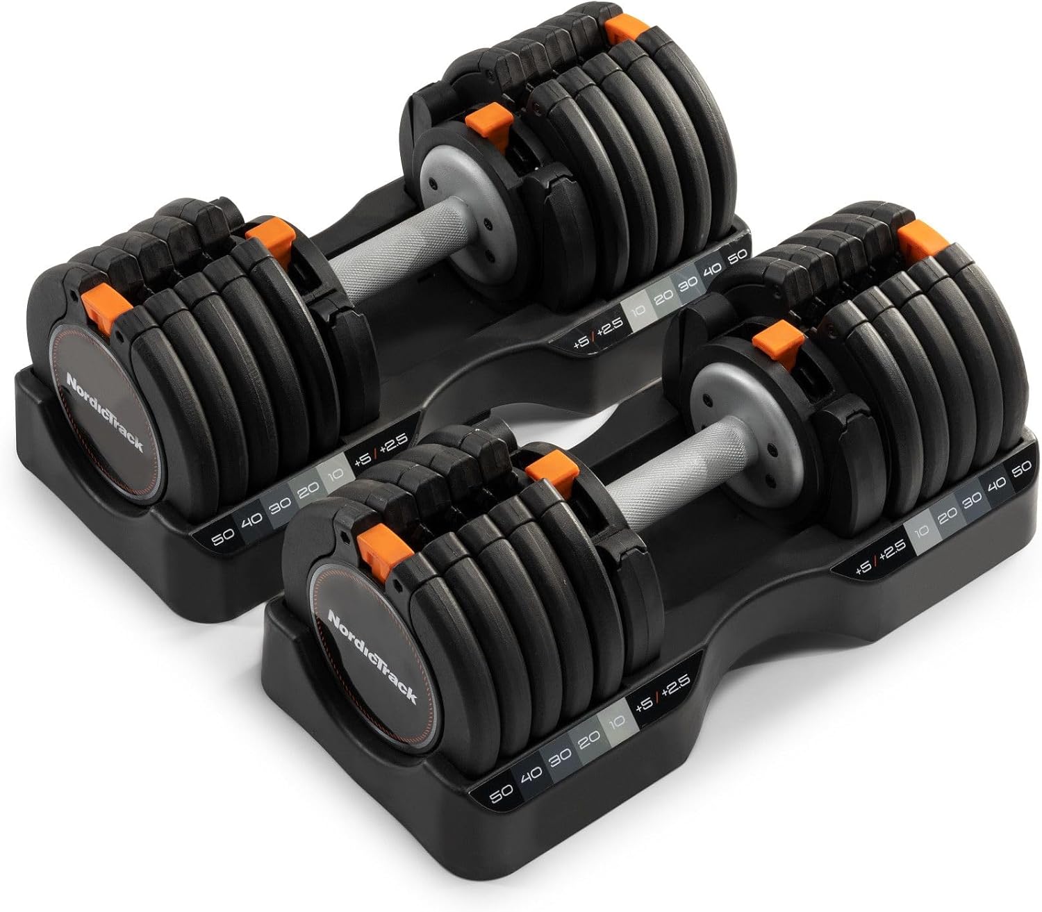 NordicTrack 55 lb Adjustable Dumbbell Set – Select-a-Weight Pair with 30-in-1 Weight Options & Storage Trays