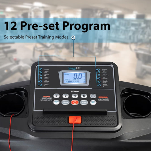 SereneLife SLFTRD213.5 Folding Treadmill – Smart Bluetooth Home Fitness Machine with 12 Preset Programs, Manual Incline, LCD Display & 6.5 MPH Max Speed for Walking, Jogging & Cardio