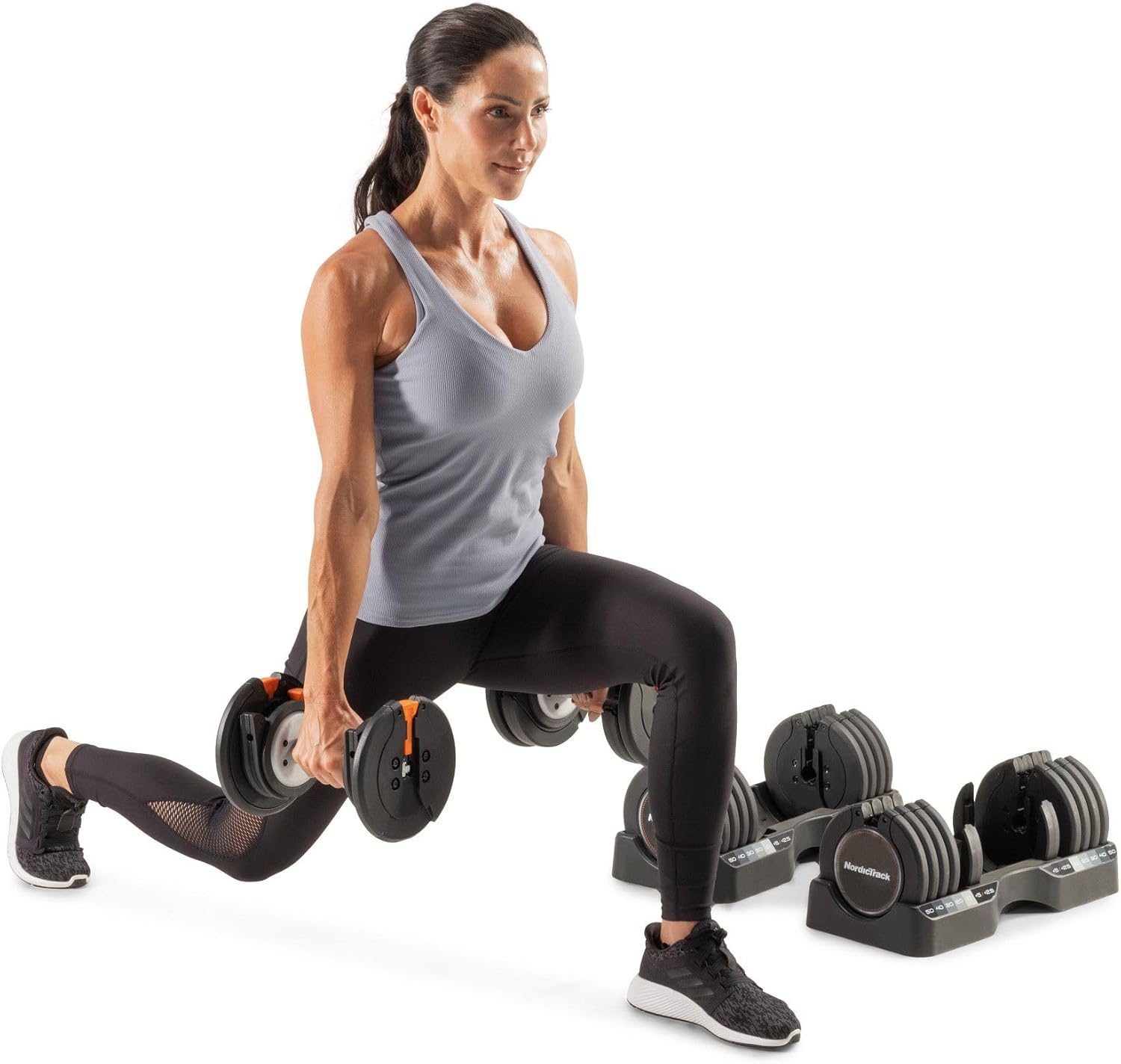 NordicTrack 55 lb Adjustable Dumbbell Set – Select-a-Weight Pair with 30-in-1 Weight Options & Storage Trays