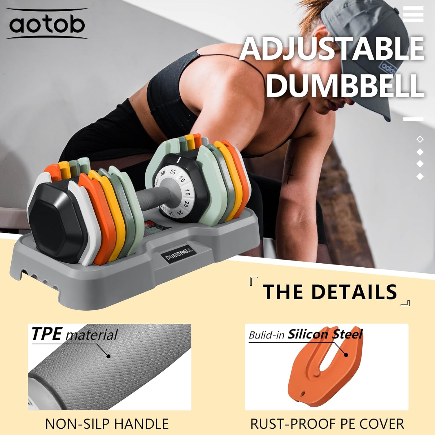 AOTOB 55LB Colorful Adjustable Dumbbell Set – Fast 1-Second Weight Adjust, Anti-Slip Handle, Compact & Safe Design for Home Workouts (Pair)