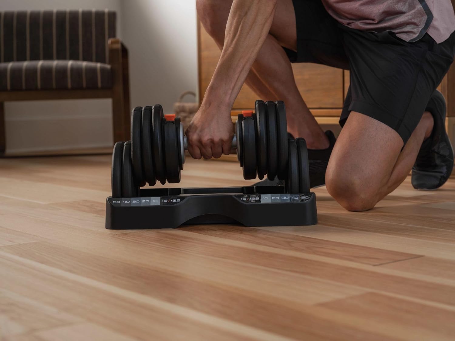 NordicTrack 55 lb Adjustable Dumbbell Set – Select-a-Weight Pair with 30-in-1 Weight Options & Storage Trays