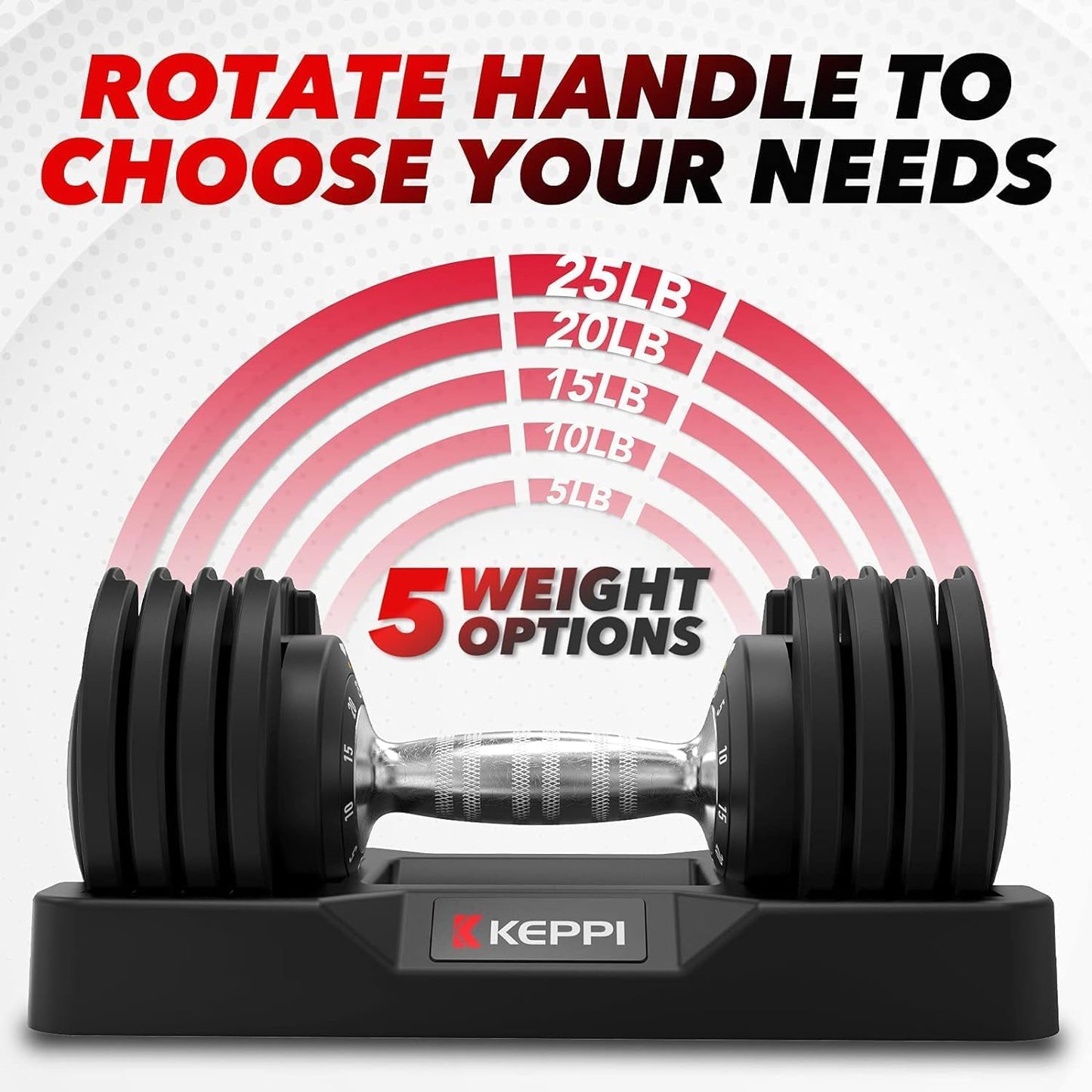 Keppi 25LB Adjustable Dumbbell Set – 5-in-1 Compact Free Weights with Fast One-Hand Weight Dial & Anti-Slip Metal Handle