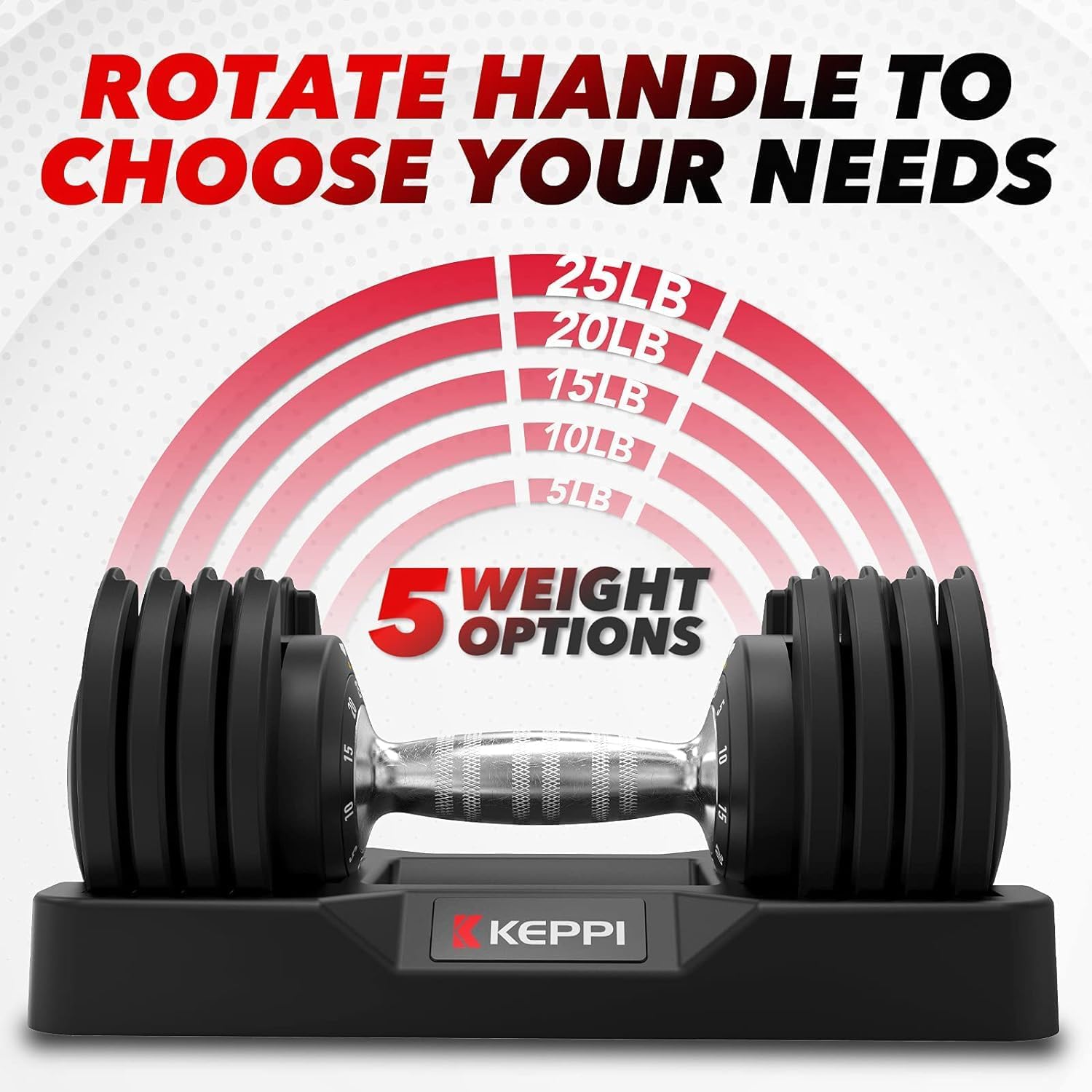 Keppi 25LB Adjustable Dumbbell Set – 5-in-1 Compact Free Weights with Fast One-Hand Weight Dial & Anti-Slip Metal Handle