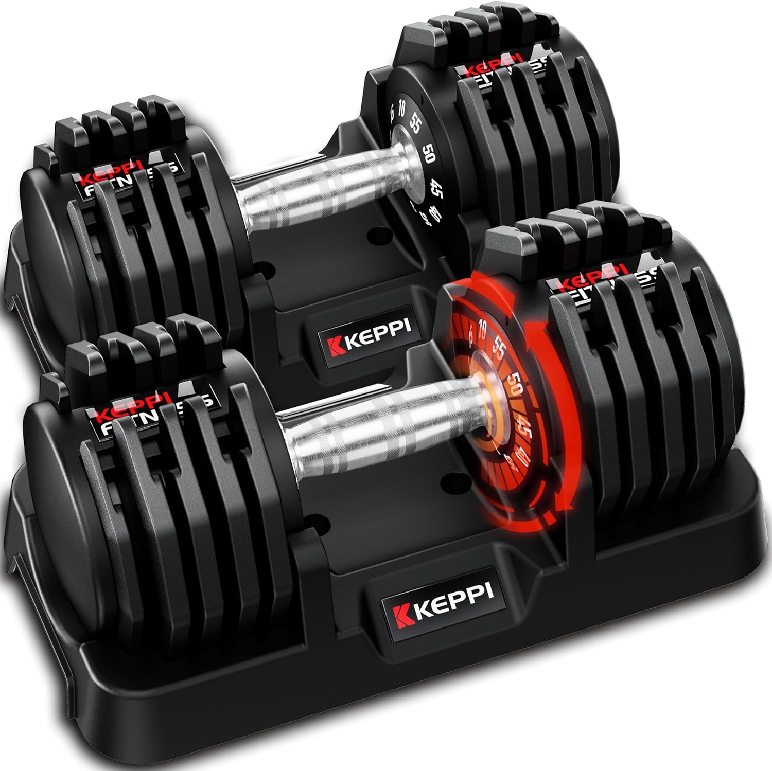 Keppi 55LB Adjustable Dumbbell Set – 10-in-1 Free Weights Pair with Fast 1-Second Dial, Anti-Slip Handle & Storage Tray