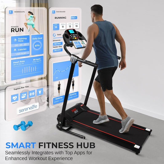 SereneLife SLFTRD18 Folding Electric Treadmill – Compact Smart Fitness Machine with Bluetooth App Sync, Manual Incline, Heart Rate Monitor & Digital Display for Home Workouts