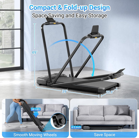 THERUN 2-in-1 Under Desk Walking Pad Treadmill – 2.5HP Foldable Treadmill with Handlebar, 6.2 MPH Max Speed, Remote Control, LED Touchscreen – Silver