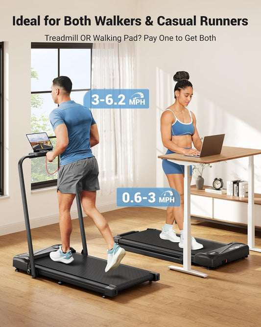 THERUN 2-in-1 Walking Pad Treadmill – Foldable Under Desk Treadmill with Handlebar, 2.5HP Motor, Up to 6.2 MPH, LED Screen & Remote – Light Green Black