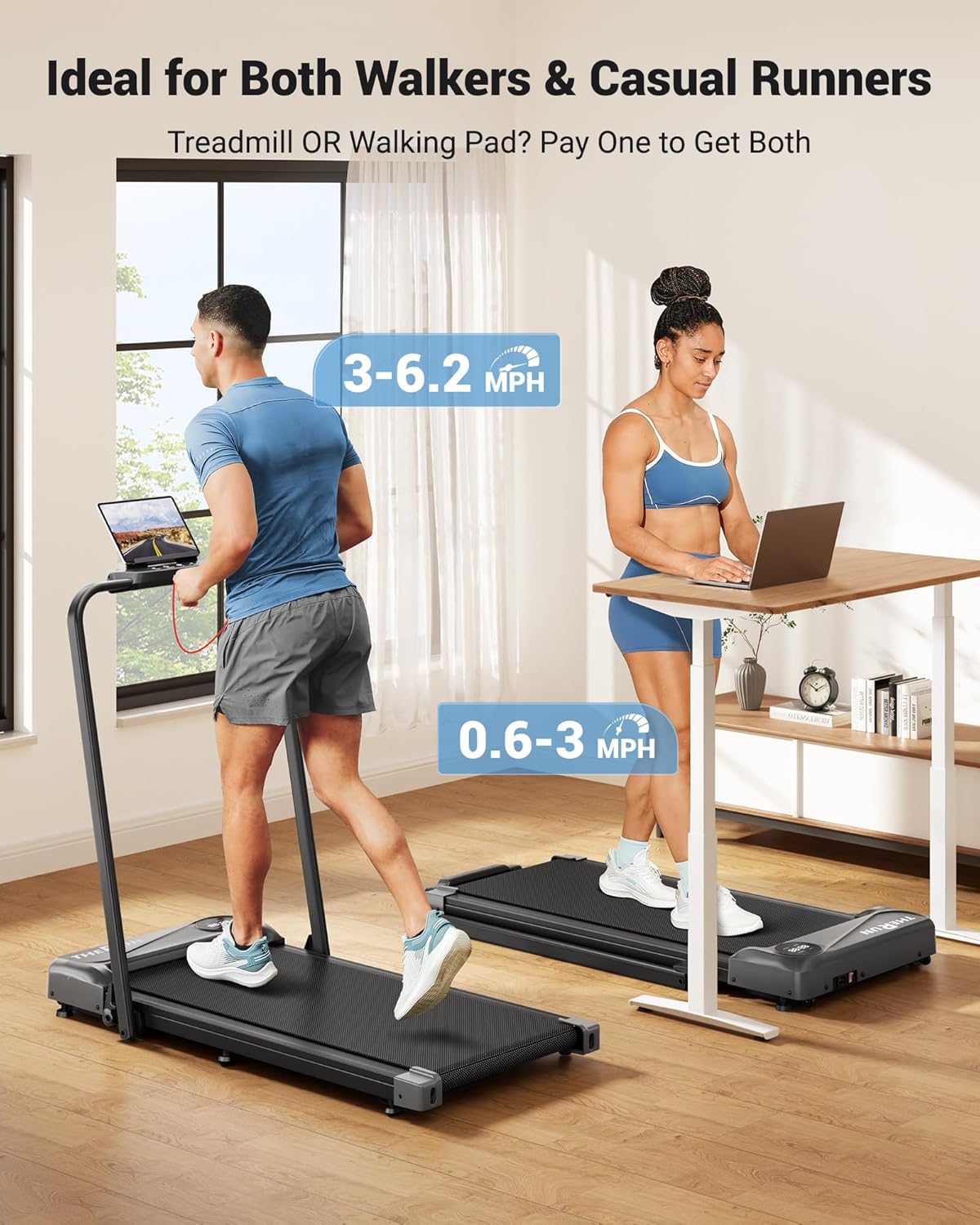 THERUN 2-in-1 Under Desk Walking Pad Treadmill – 2.5HP Foldable Treadmill with Handlebar, 6.2 MPH Max Speed, Remote Control, LED Touchscreen – Silver
