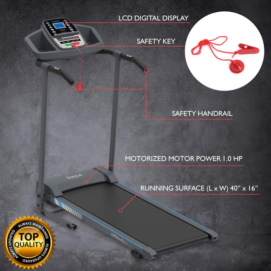 SereneLife SLFTRD20 Folding Treadmill – Compact Electric Fitness Machine with Manual Incline, Bluetooth App Sync, LCD Display & Heart Rate Monitor for Home Walking or Jogging