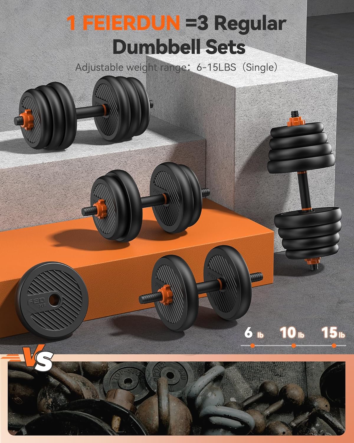 FEIERDUN Adjustable Dumbbells 30LB (15LB Pair) – 5-in-1 Multifunctional Home Gym Set with Dumbbells, Barbell, Kettlebells & Push-Up Stand – Durable, Space-Saving Fitness Equipment