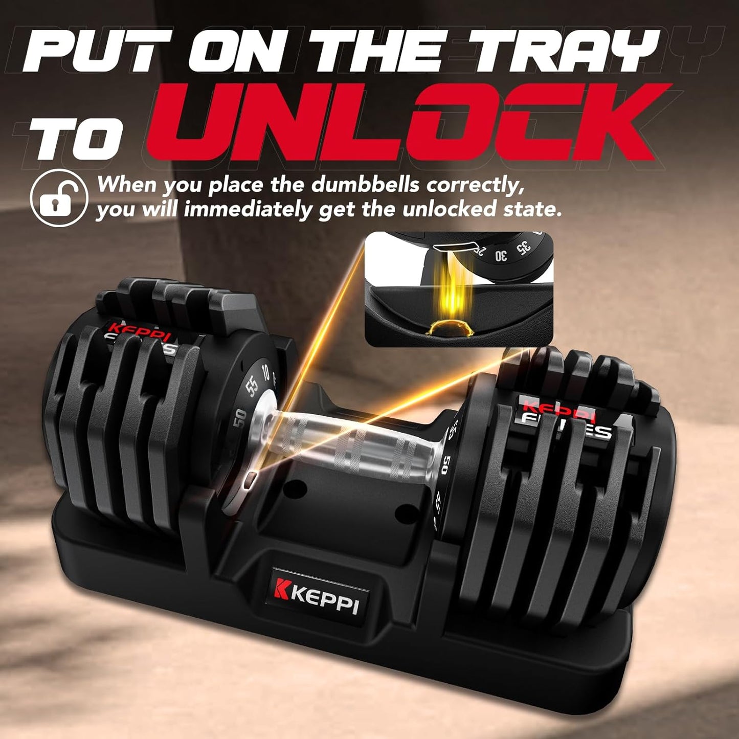 Keppi 55LB Adjustable Dumbbell Set – 10-in-1 Free Weights Pair with Fast 1-Second Dial, Anti-Slip Handle & Storage Tray